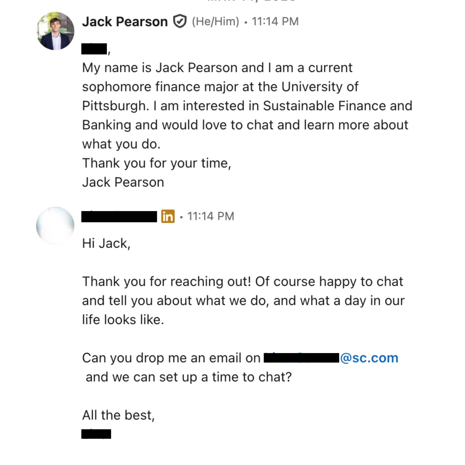 Jack Pearson LinkedIn Message Sample
